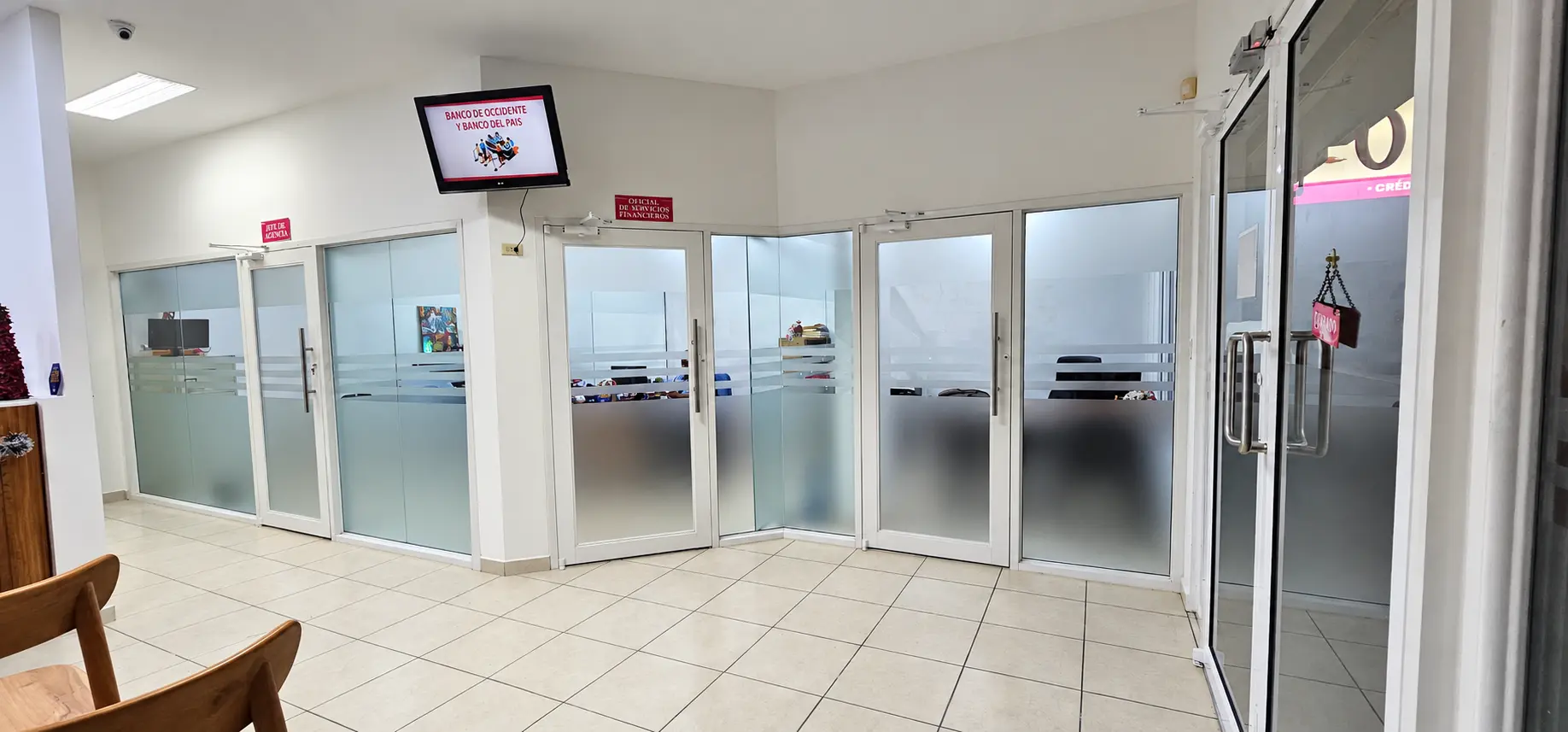 Divisiones y puertas de vidrio con franjas de privacidad y perfiles claros instaladas por ALUR en oficinas