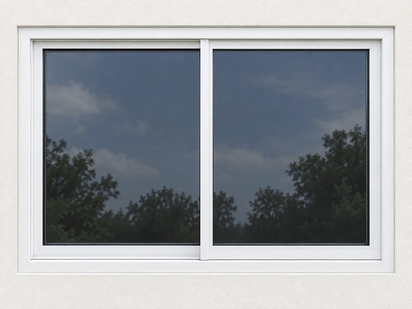 Ilustración frontal de una ventana corrediza blanca de dos hojas con vidrio oscuro